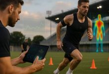 A sleek digital dashboard showcasing live sports data streams and performance charts.